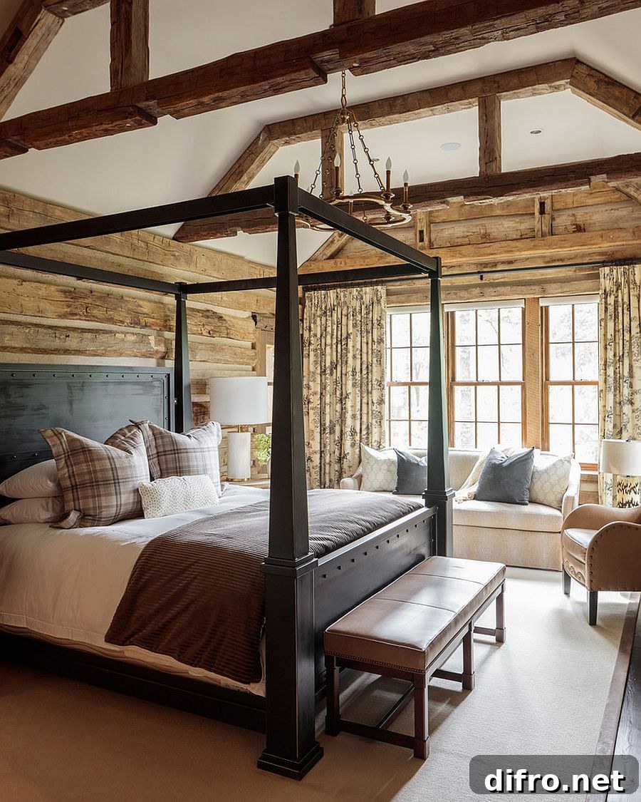 Spacious bedroom balanced between modern and rustic elements