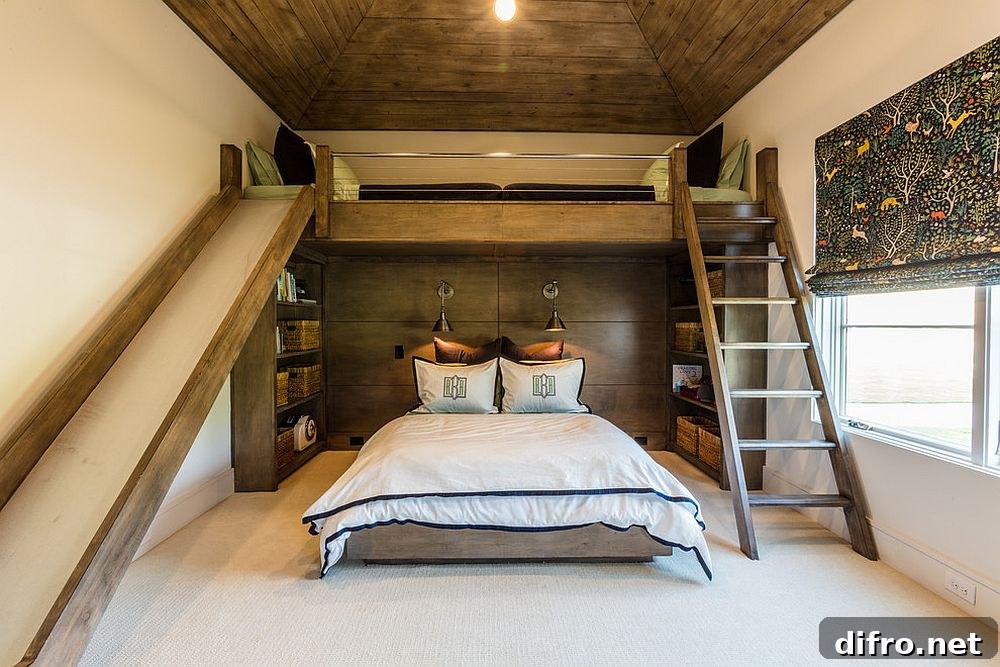 Rustic bedroom with loft bed and slide