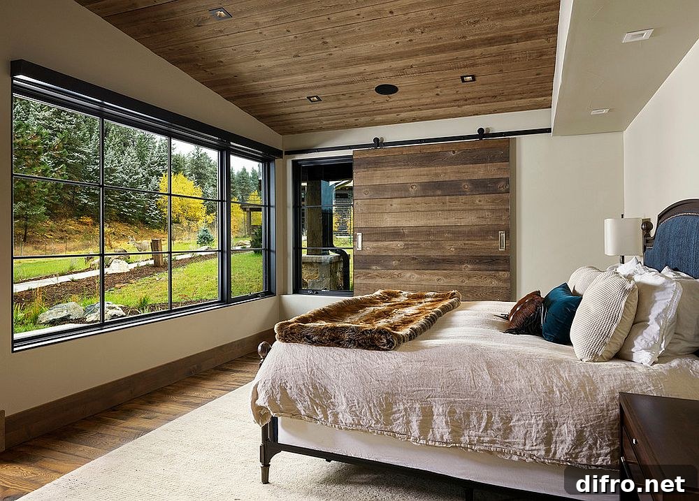 Sliding barn-style door in a modern rustic bedroom