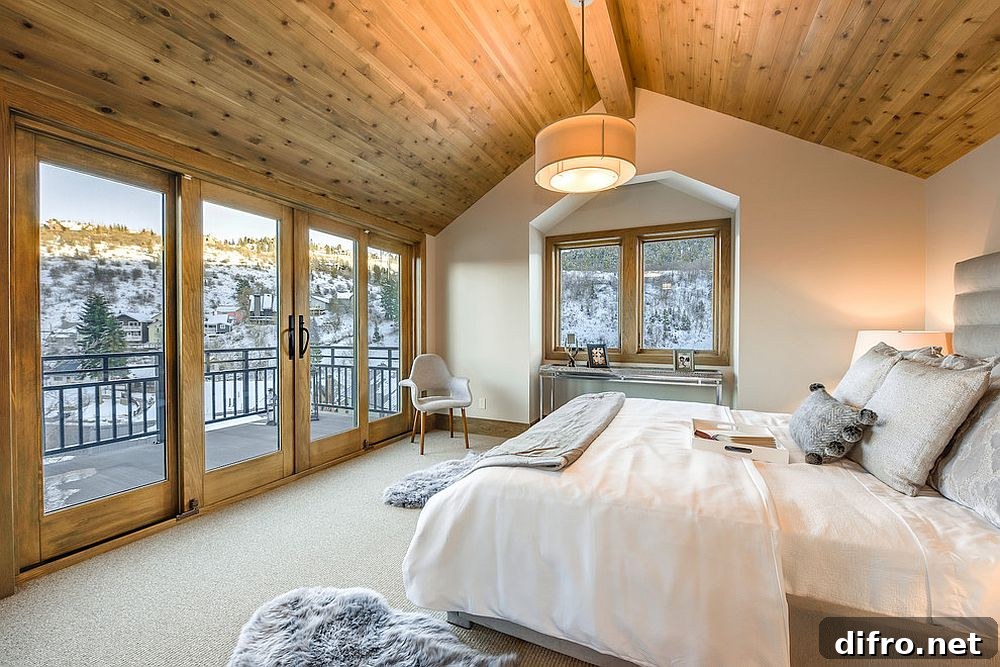 Bedroom opening onto a balcony with wood and white finishes