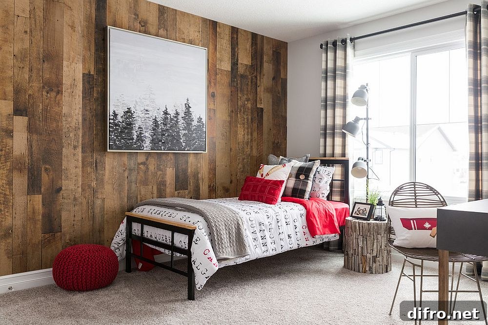 Reclaimed wood accent in a bedroom