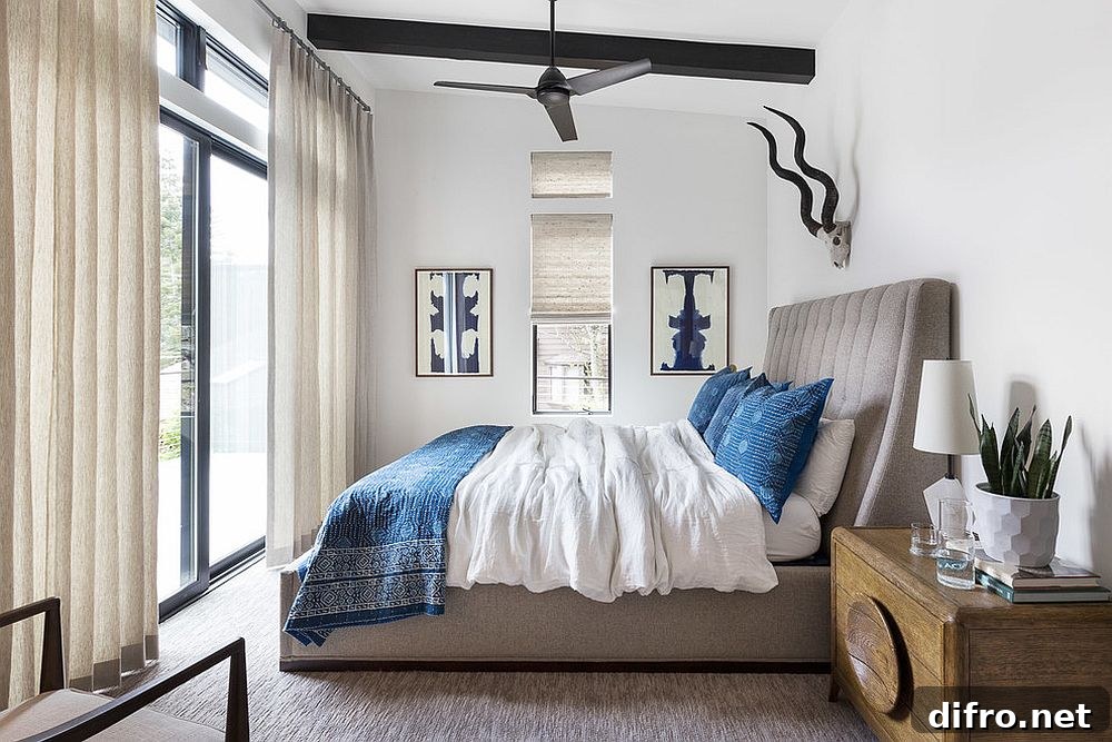 Bedroom leaning toward modern design with rustic touches