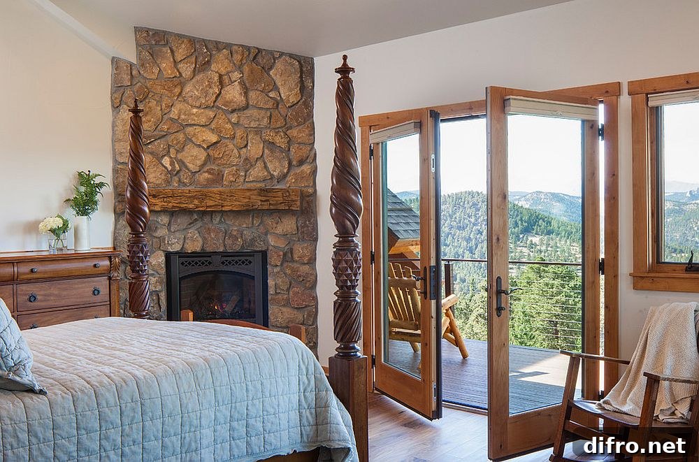 Rustic bedroom with corner stone fireplace
