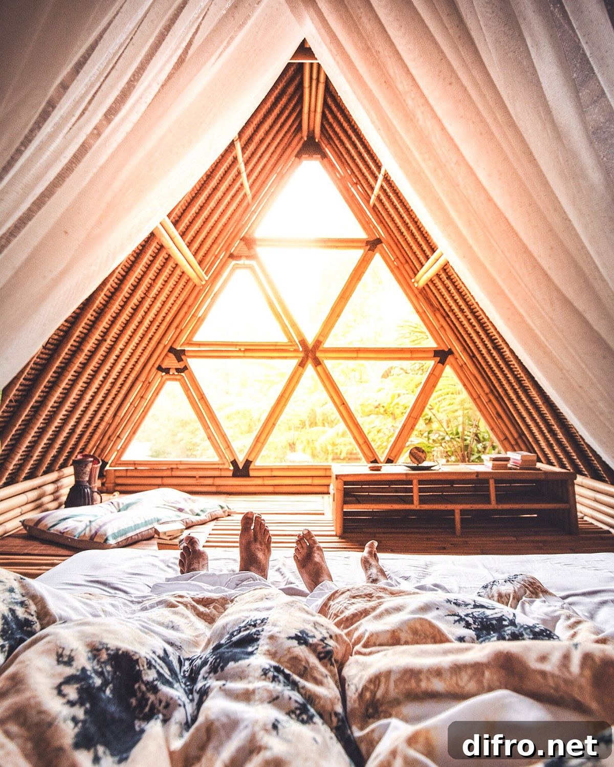 Triangular windows in the bamboo Hideout let in light