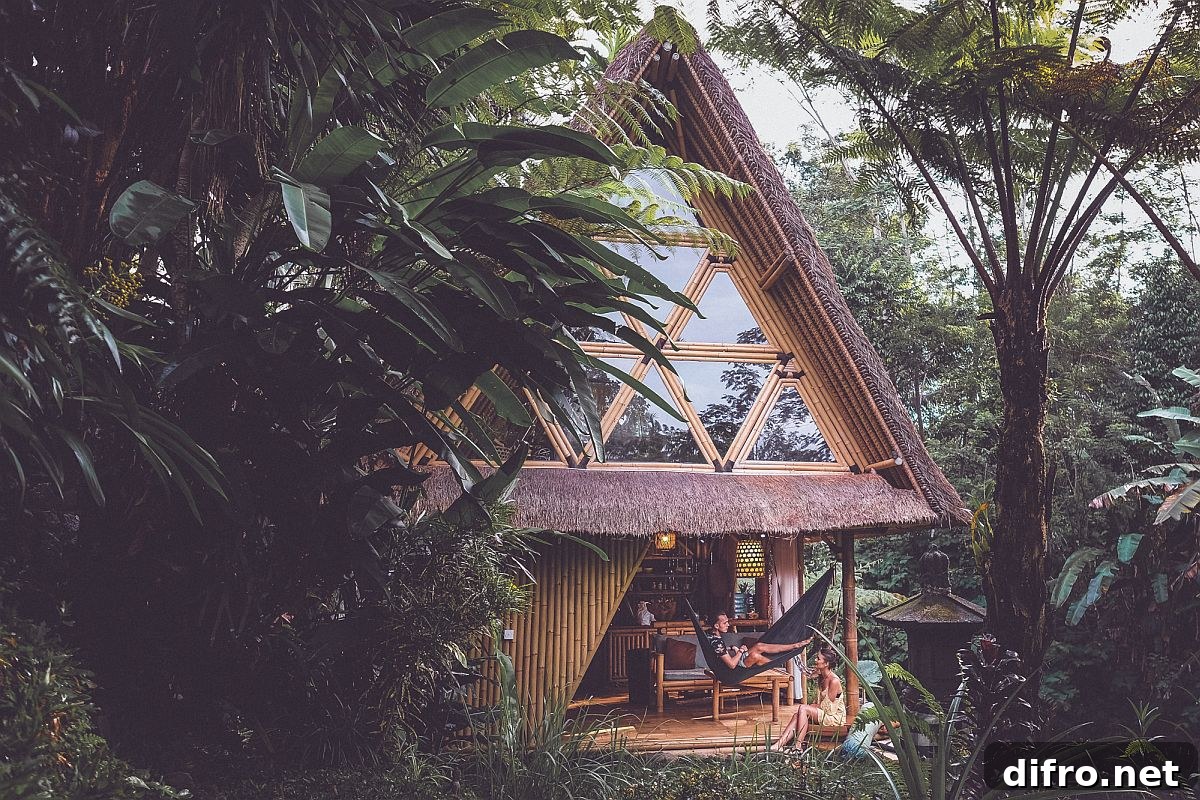 Eco-friendly bamboo house perched on the edge of Bali jungle