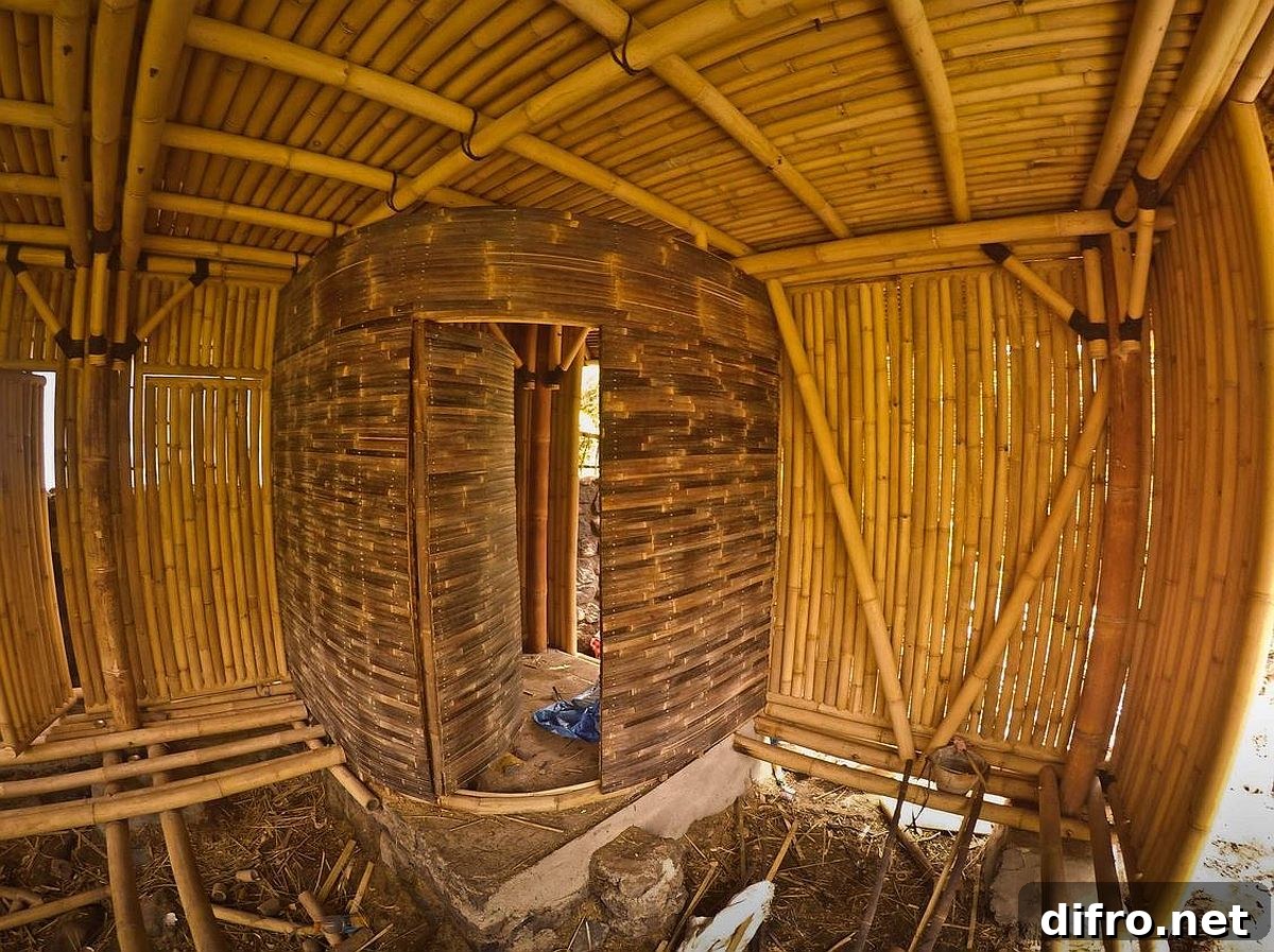 Construction process of the bamboo house shown in progress