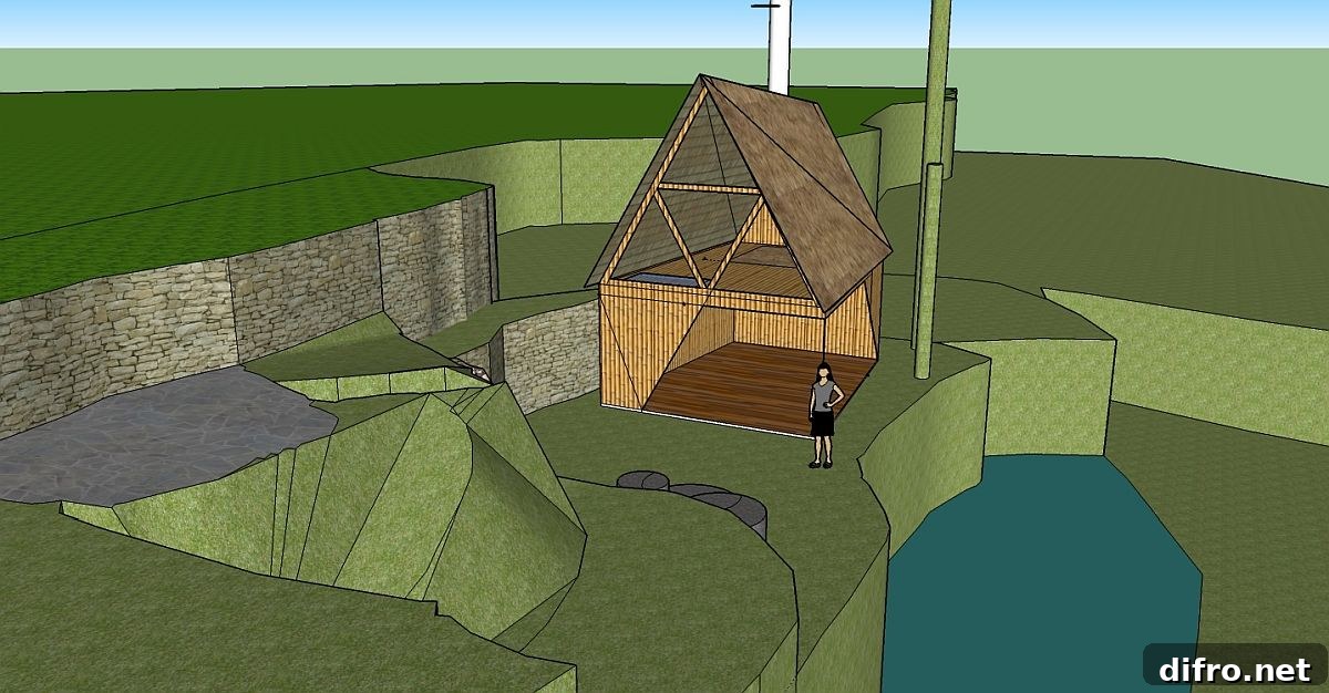Architectural sketch of the bamboo house on the jungle edge