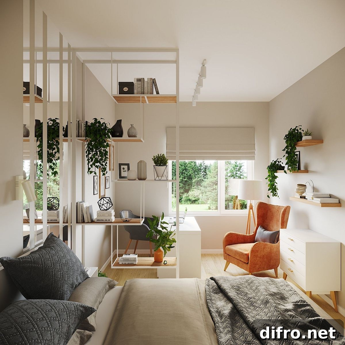 Simple elegant reading nook with chair and floating shelves