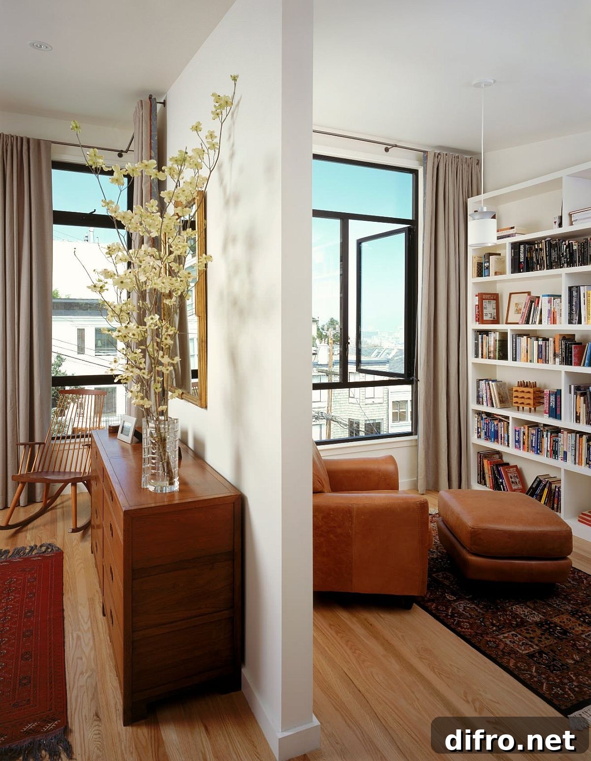 Partial wall dividing bedroom and reading space