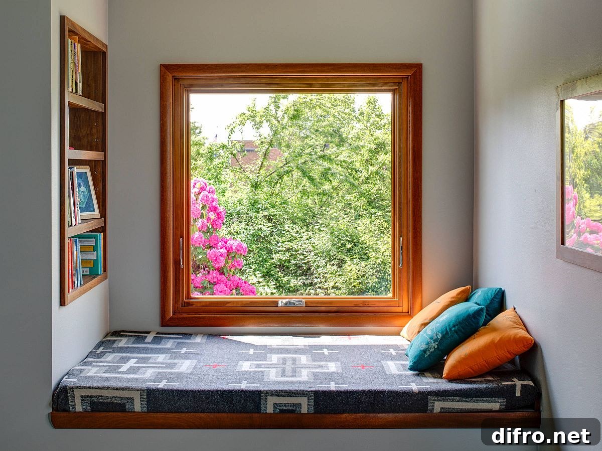 Window seat in bedroom reading nook