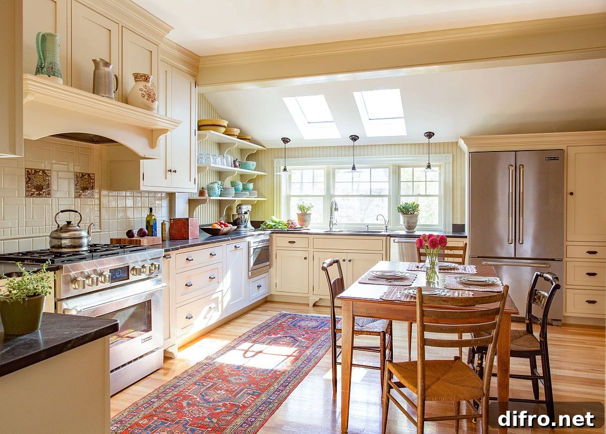 Open shelves and closed cabinets