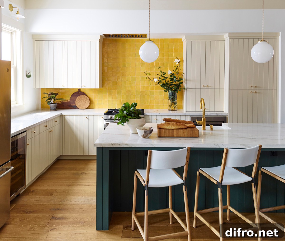 Deep green island and yellow backsplash