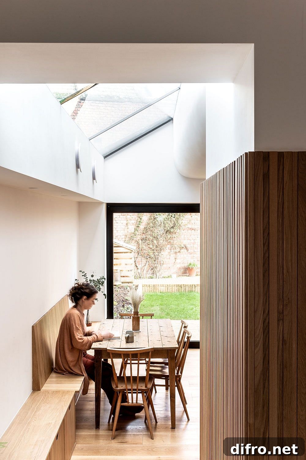 Banquette seating under skylight