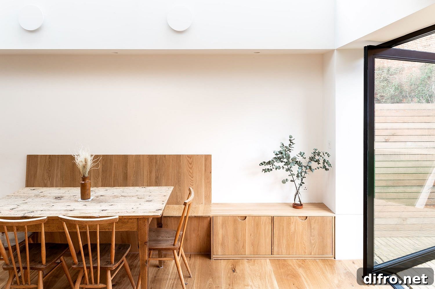 Custom wooden benches for banquette dining