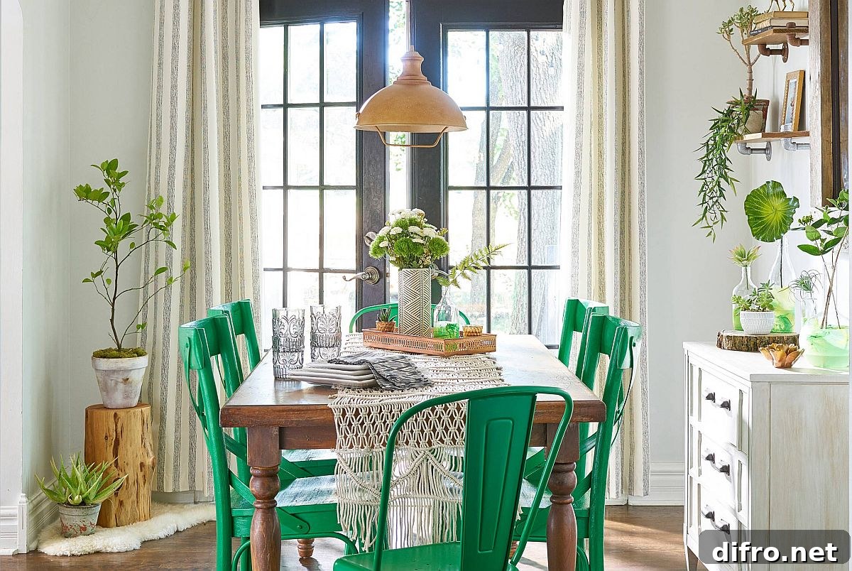 Shabby chic dining room with bright green chairs