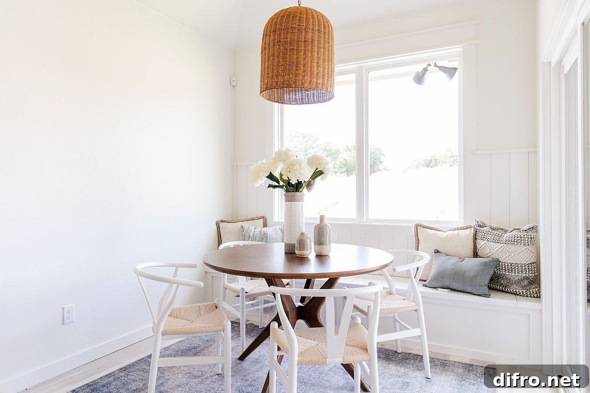 Small white dining room with round table and window seat
