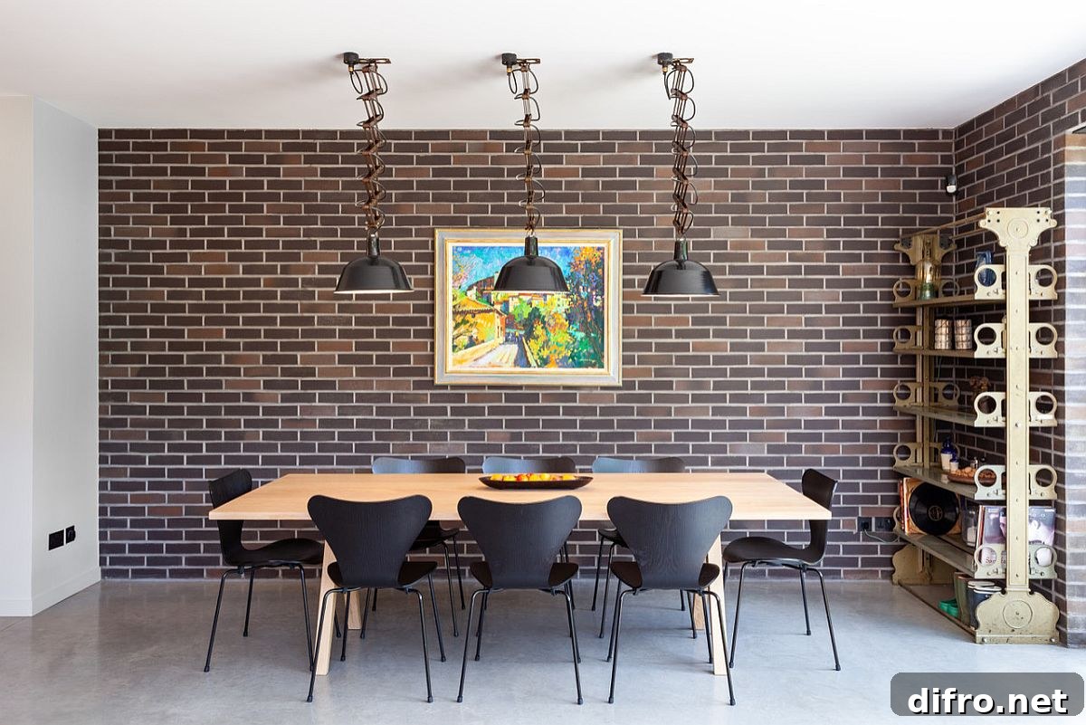 Polished mid-century dining room with faux brick walls