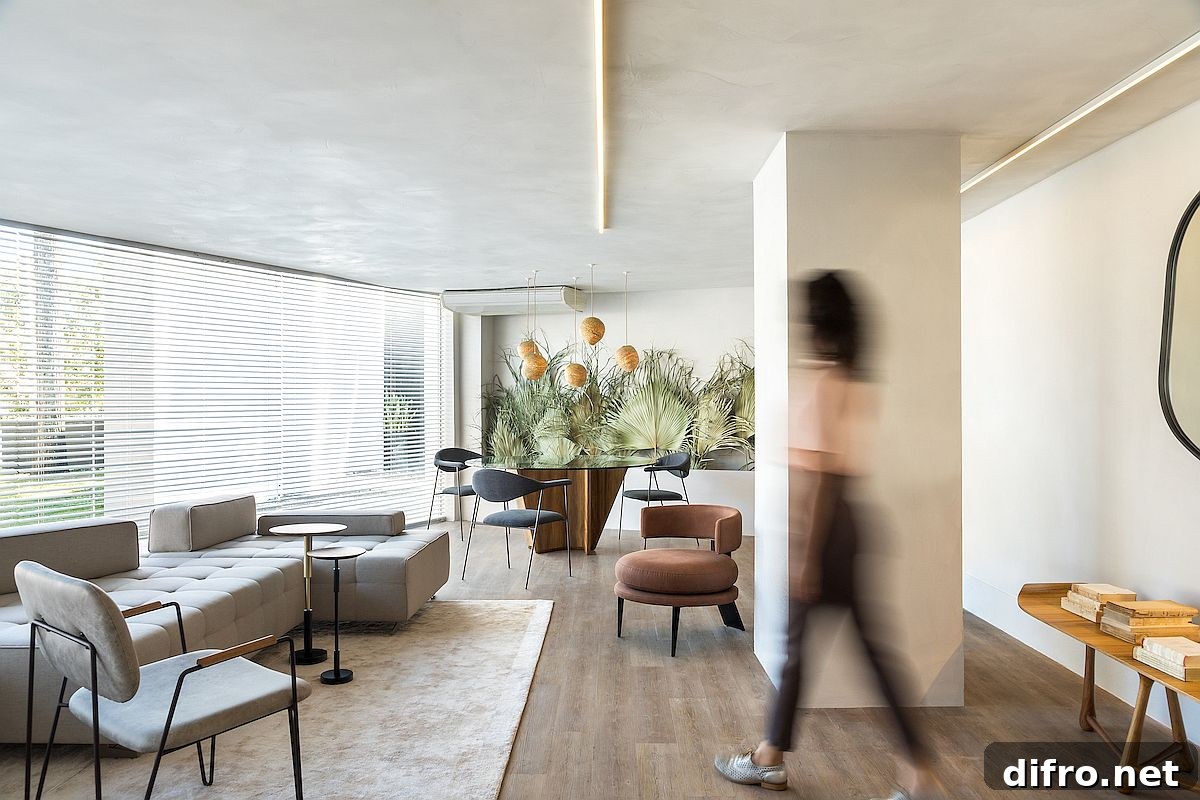 Open plan living area with dining space and dried palm leaves