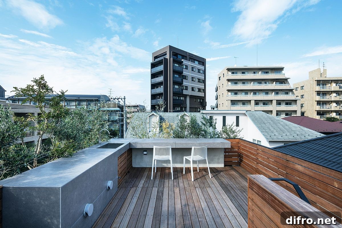 Modern minimal rooftop kitchen with concrete and wood finishes