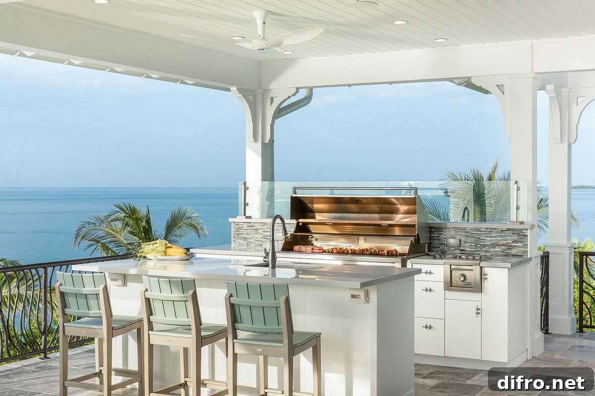 Beach-style outdoor kitchen on a rooftop with ocean view