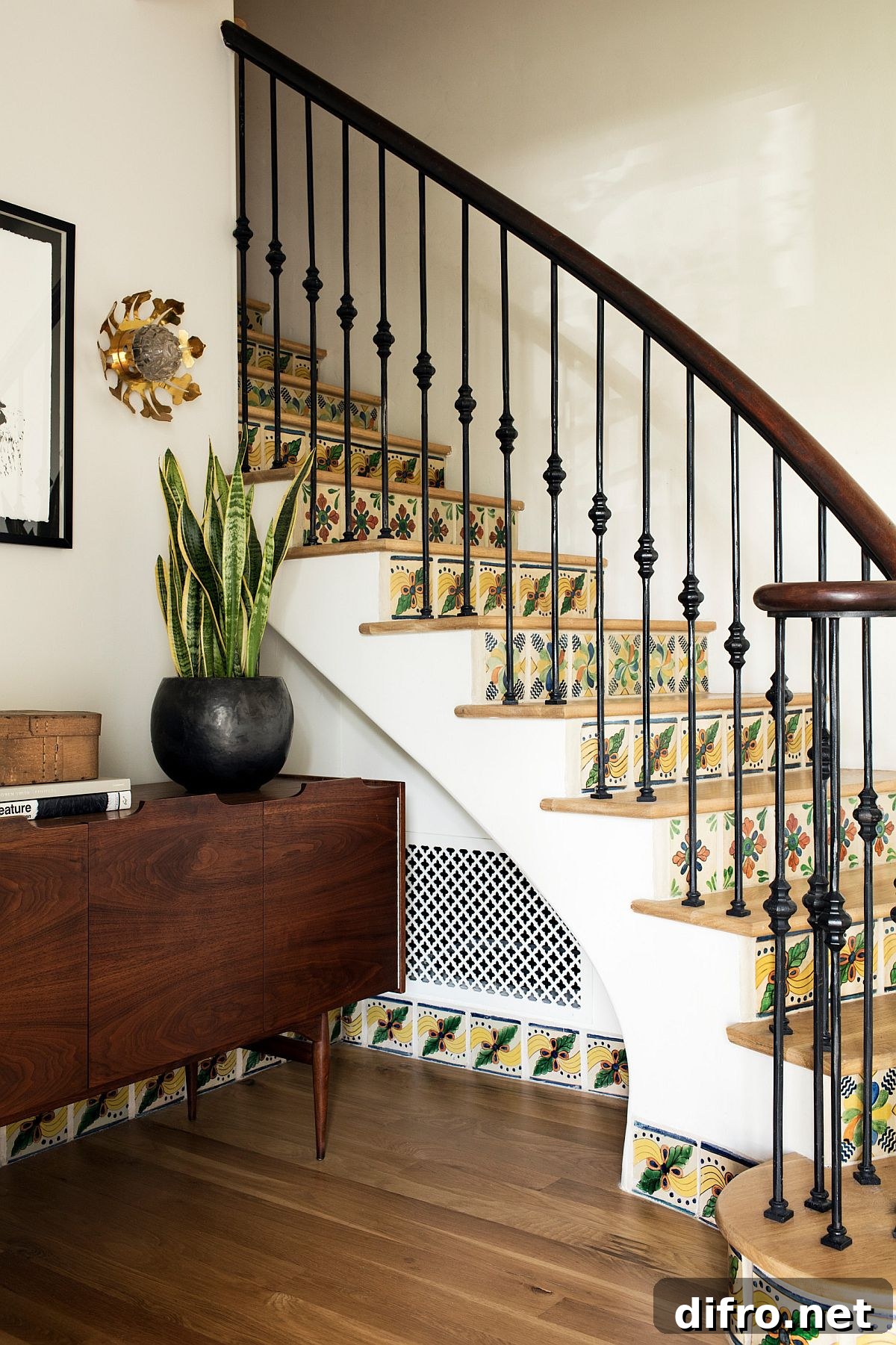 Colorful tiled staircase in the Spanish Revival home