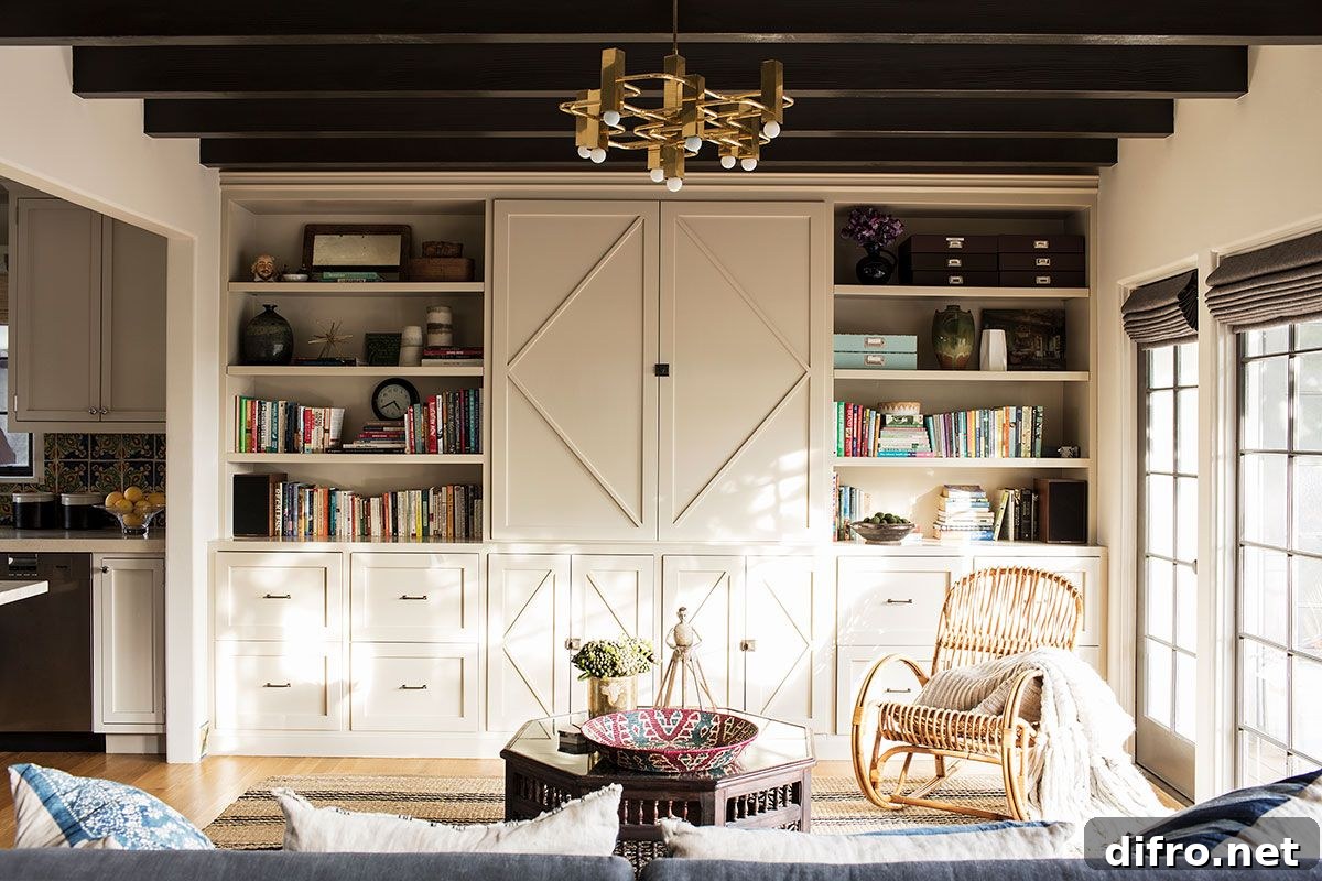 Living room with open shelves, closed cabinets, and exposed wooden beams