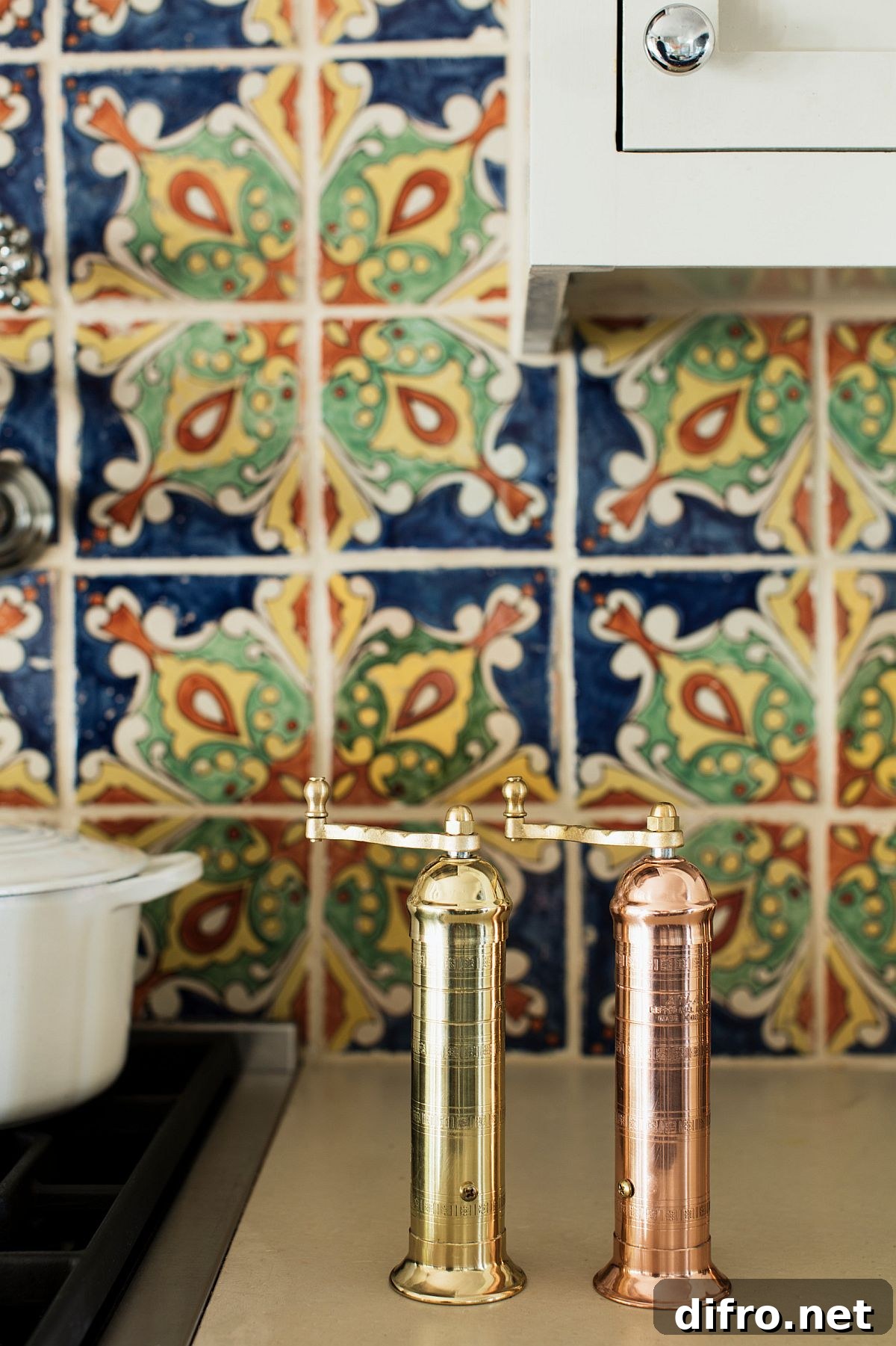 Close-up of the colorful tiled backsplash in the renovated kitchen