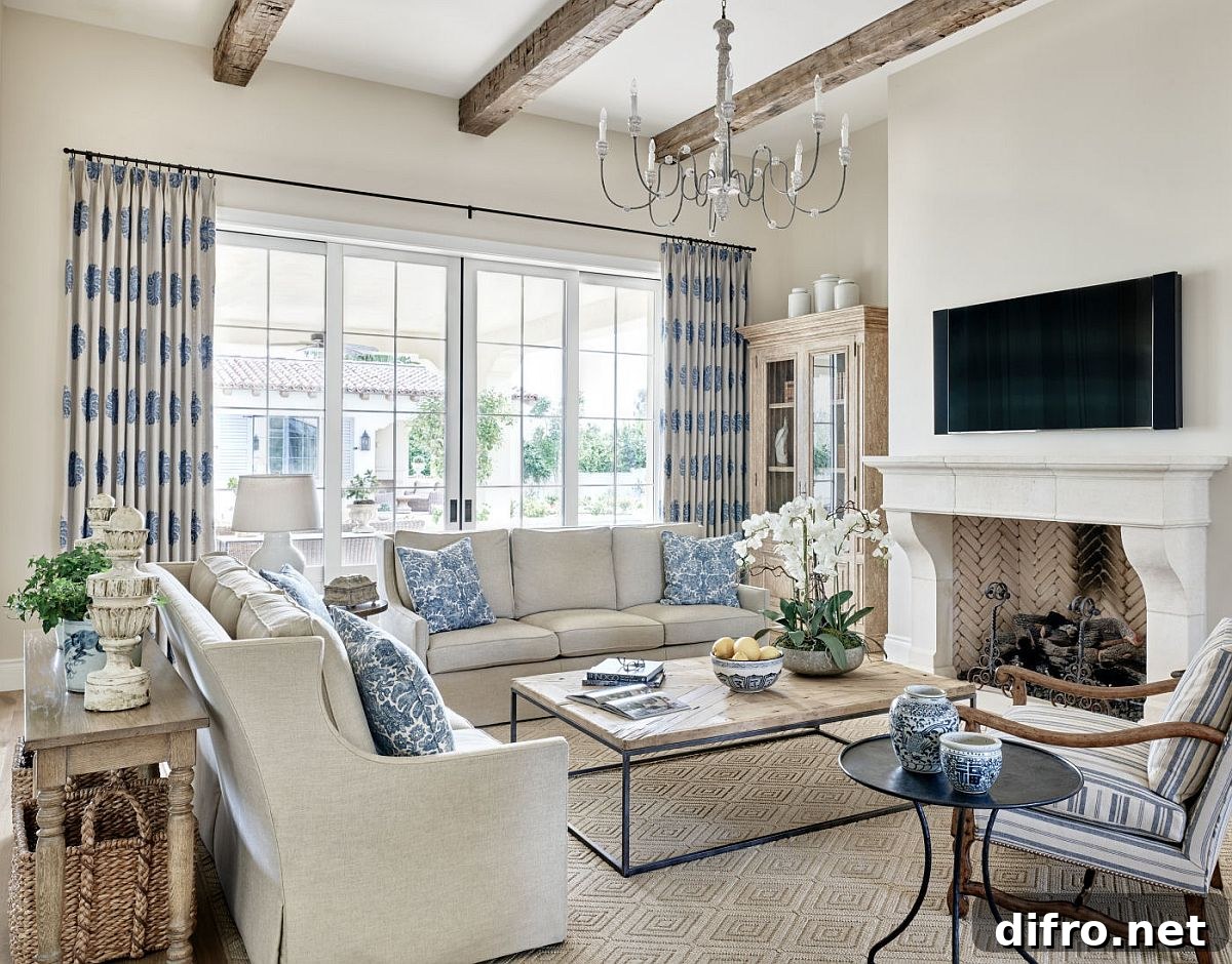 Modern-traditional living room in white with vibrant blue accents