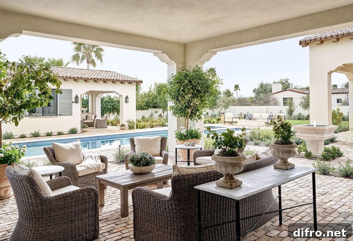 Outdoor sitting area and poolside deck with a pool house