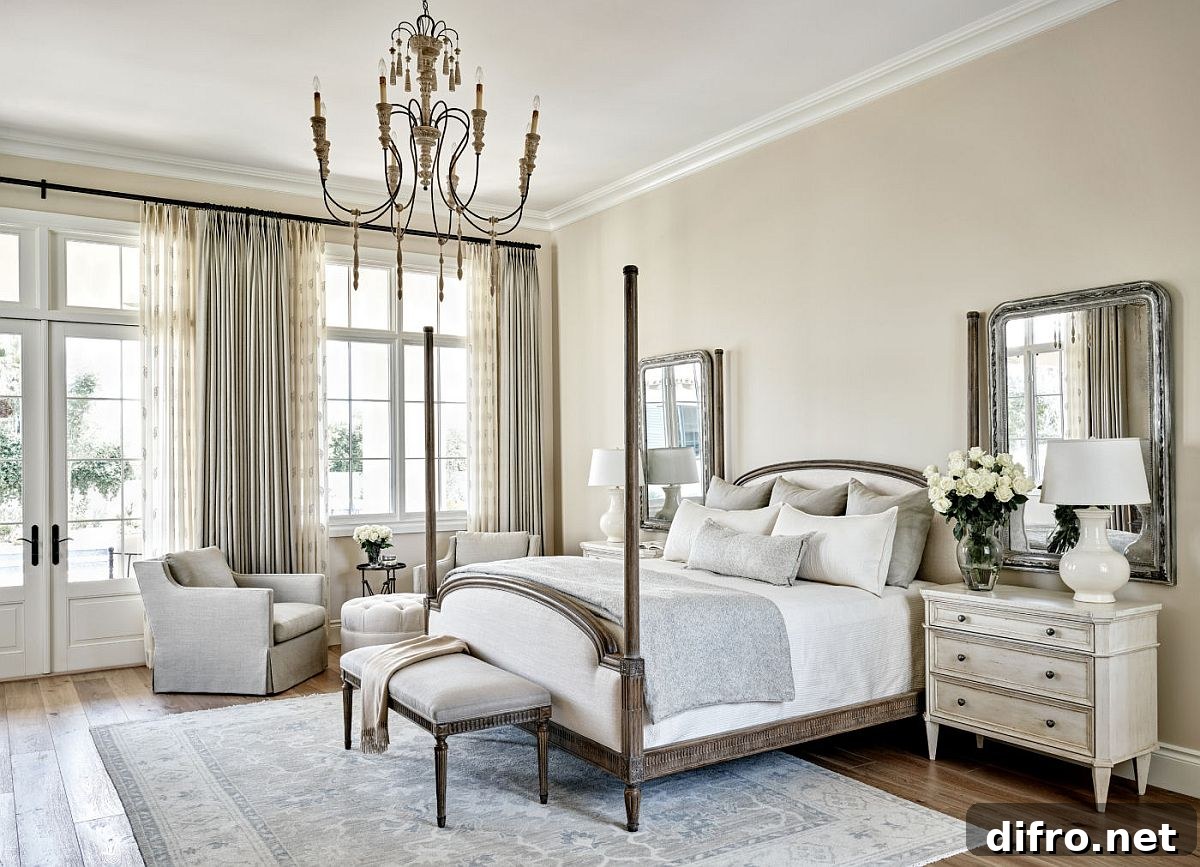 Transitional bedroom in white with symmetrical mirrors above the nightstand
