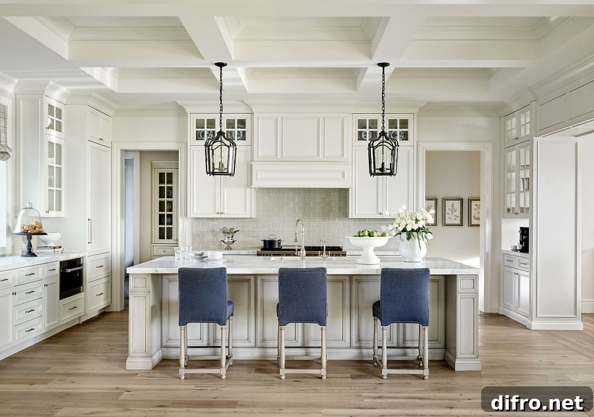 Kitchen island with blue accent bar chairs and ample storage
