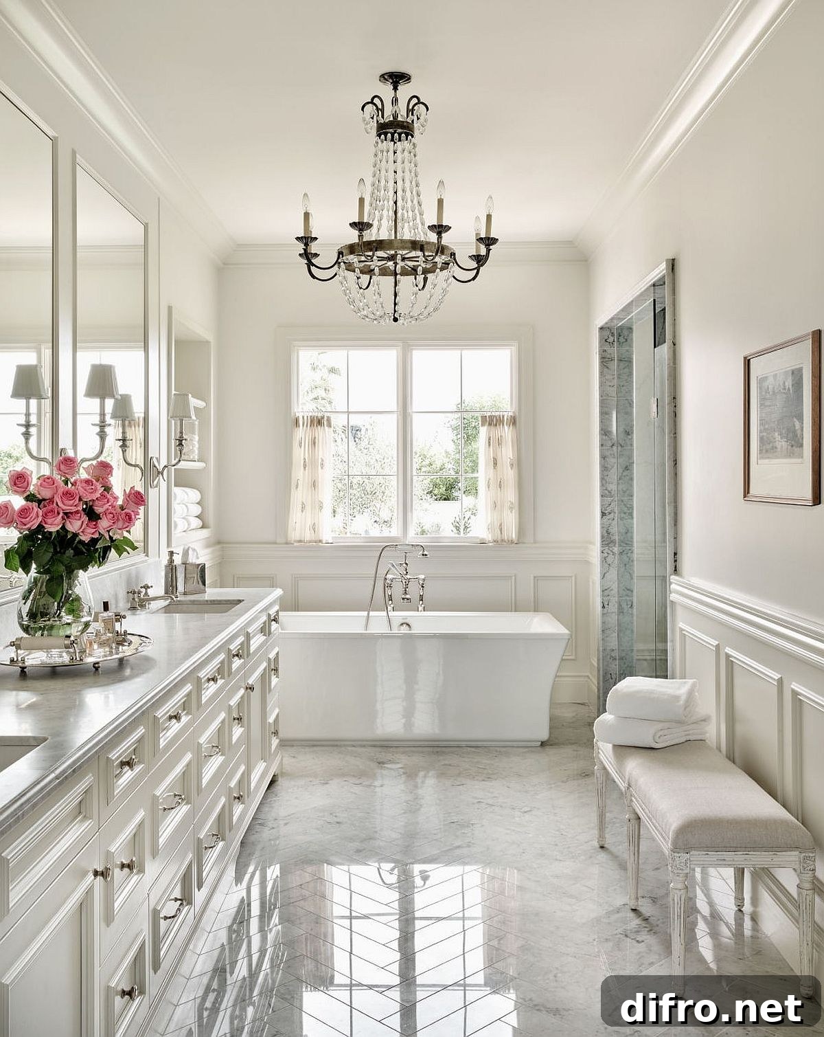Classic white bathroom with a standalone bathtub and black chandelier