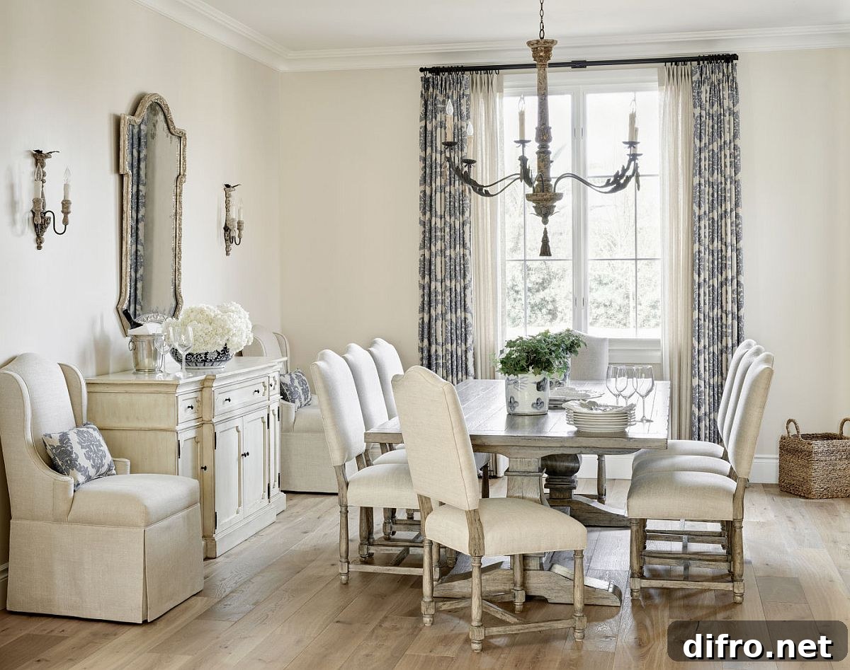 Picture-perfect dining room in white with light blue printed drapes and abundant natural light
