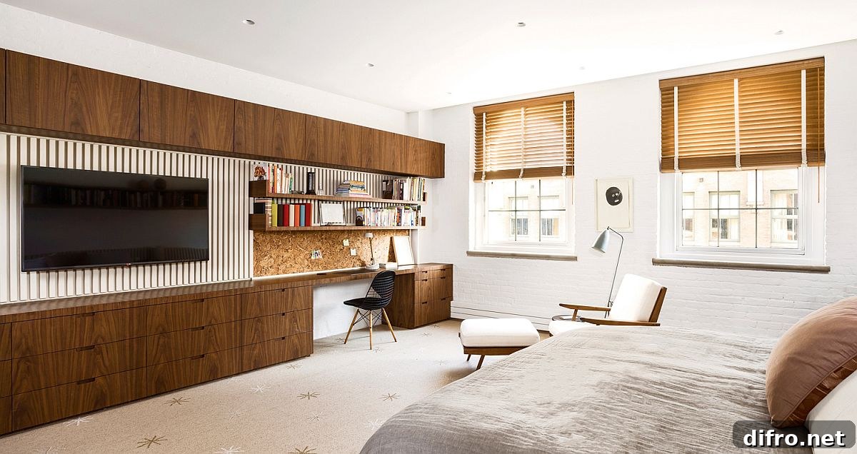 Custom wooden cabinets and wardrobe with entertainment unit for the modern bedroom