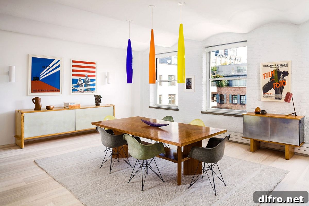 Colorful pendant lights in the modern industrial Manhattan loft