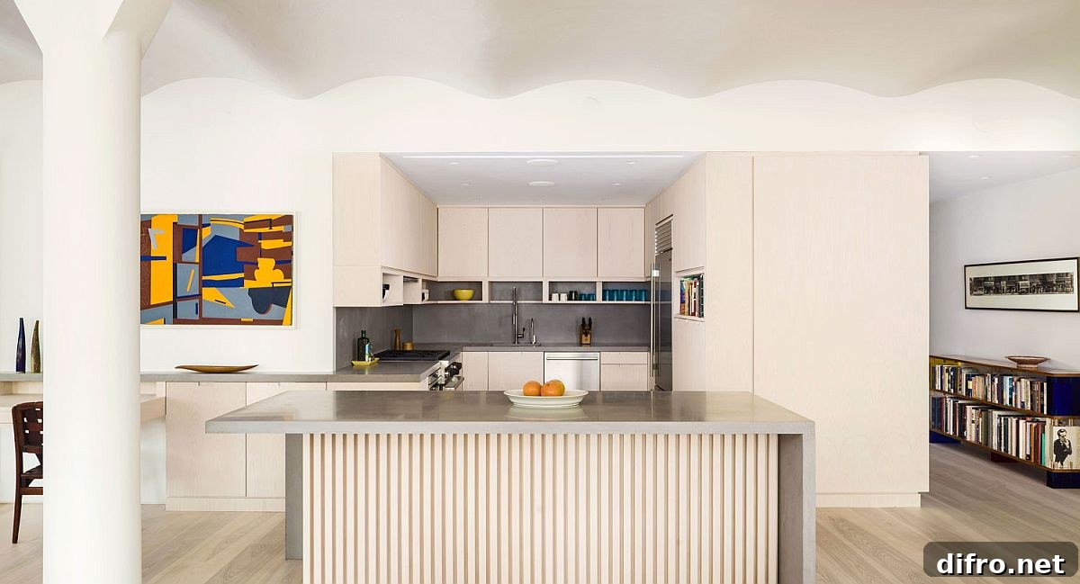 Large niche contains a space-savvy and stylish modern kitchen