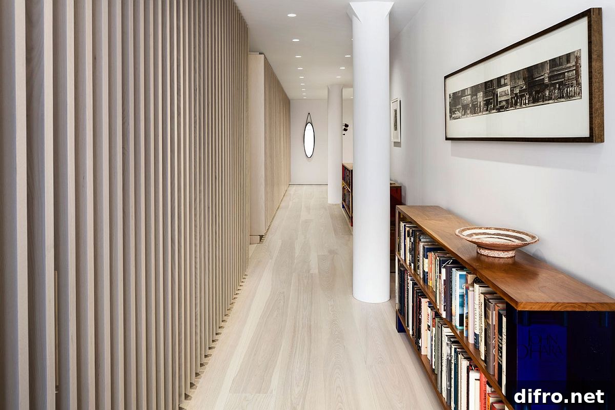 Plaster walls and a white and ash color scheme give the interior a modern makeover