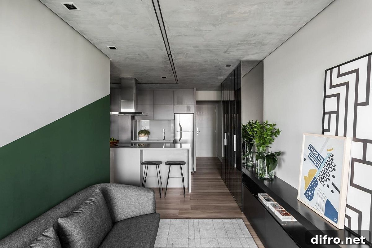 Burnt cement ceiling detail with green accents