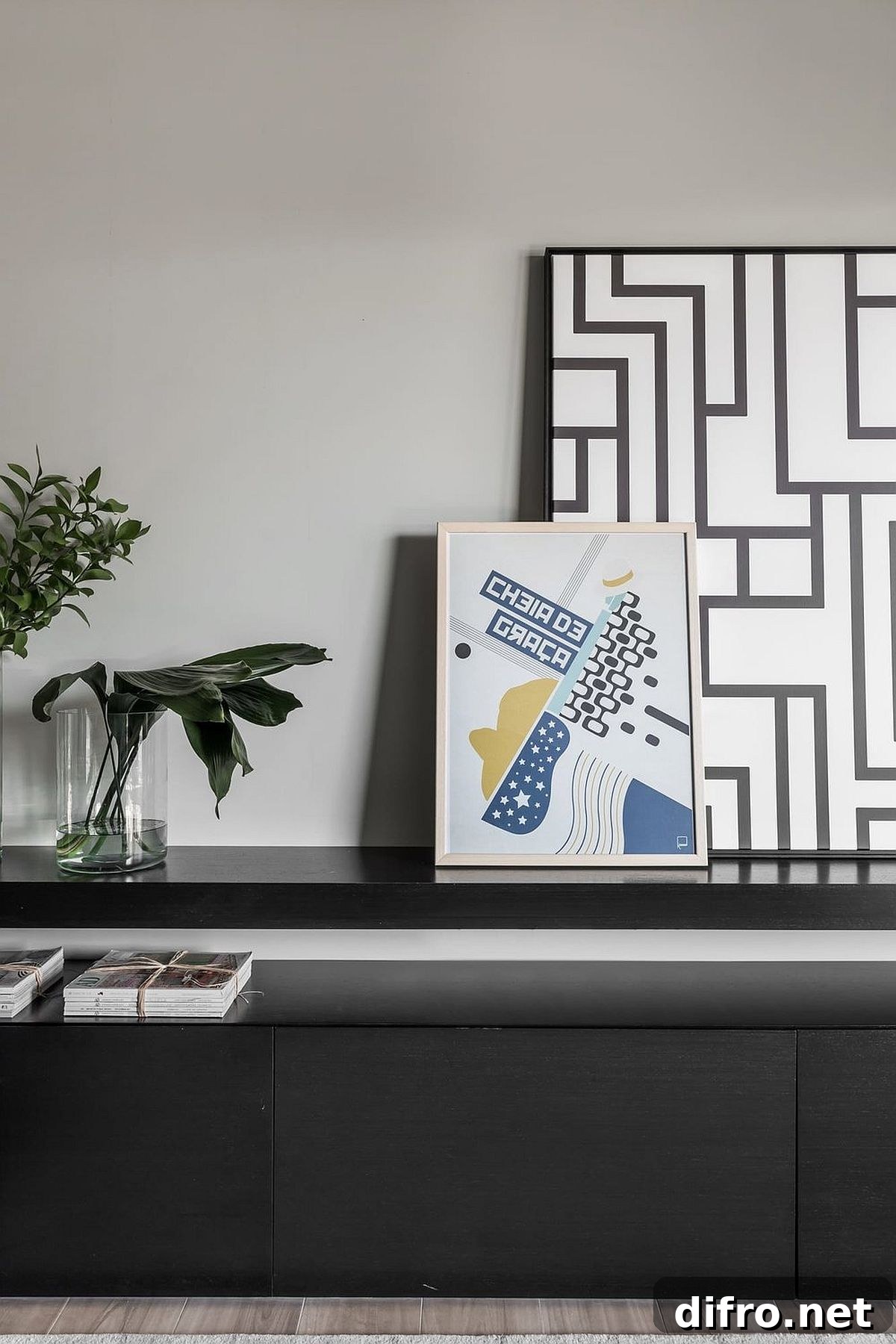 Living area decorated in a modern casual style with geometric accents