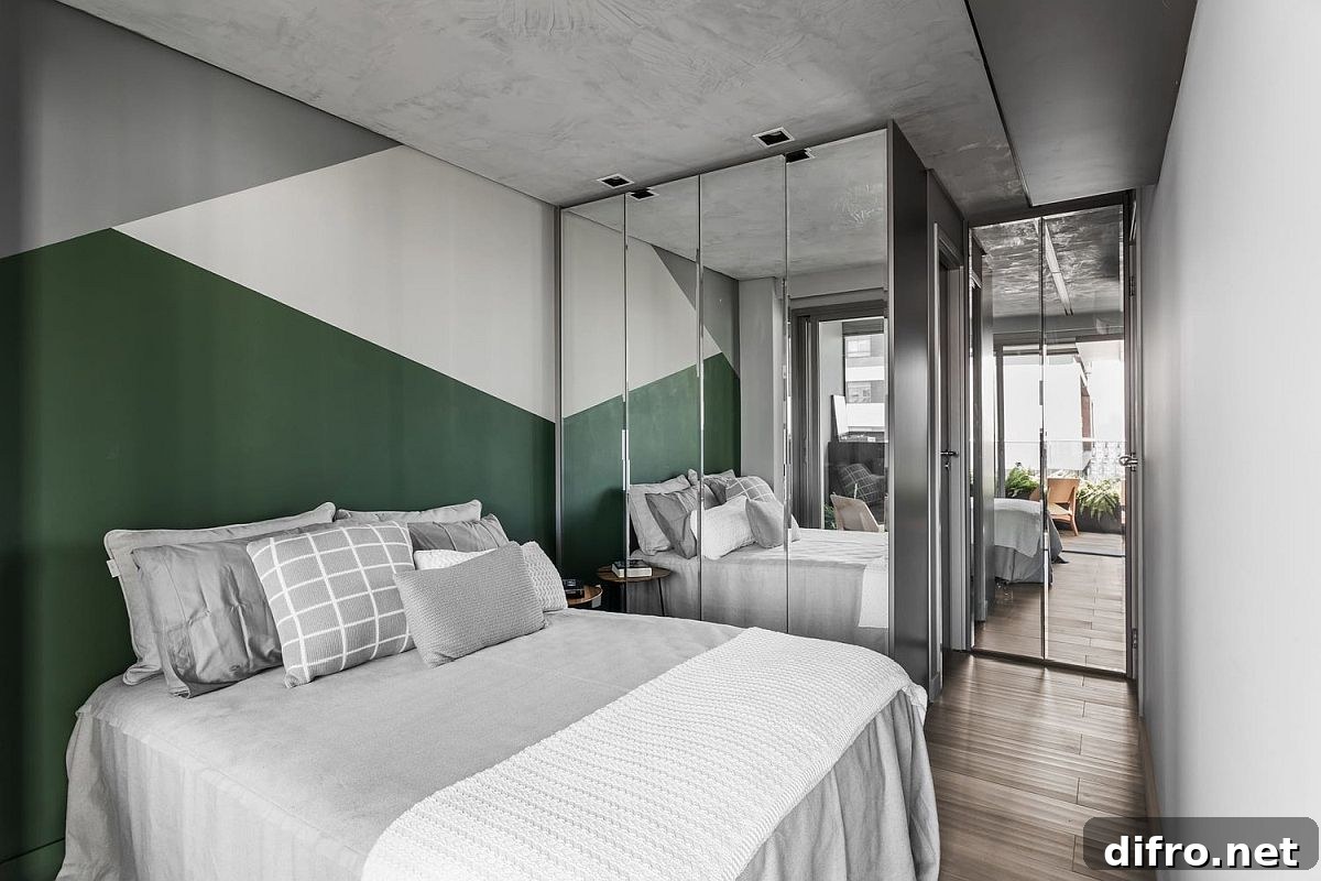 Bedroom with gray, white and dark green geometric accent wall