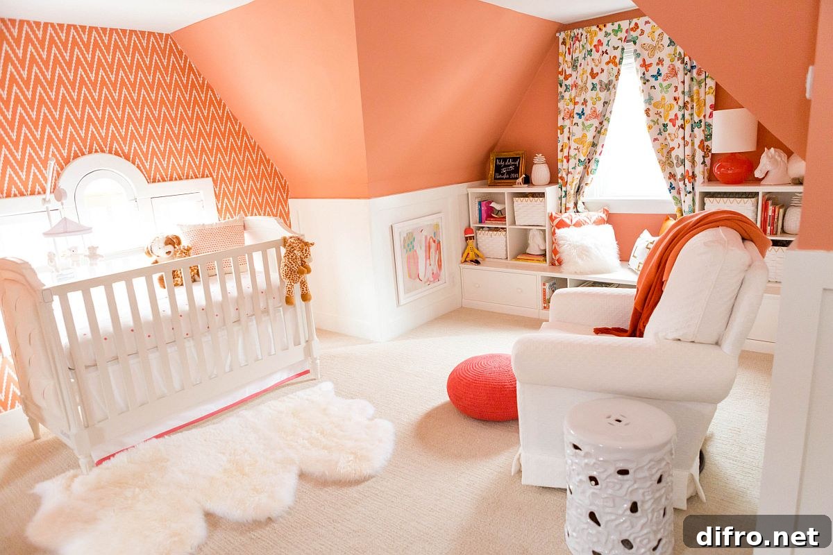 Coral accent in a modern nursery