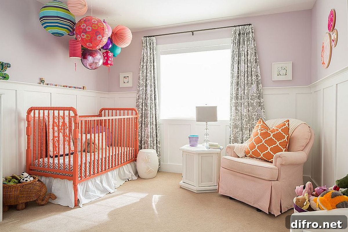 Coral crib and pillow accents