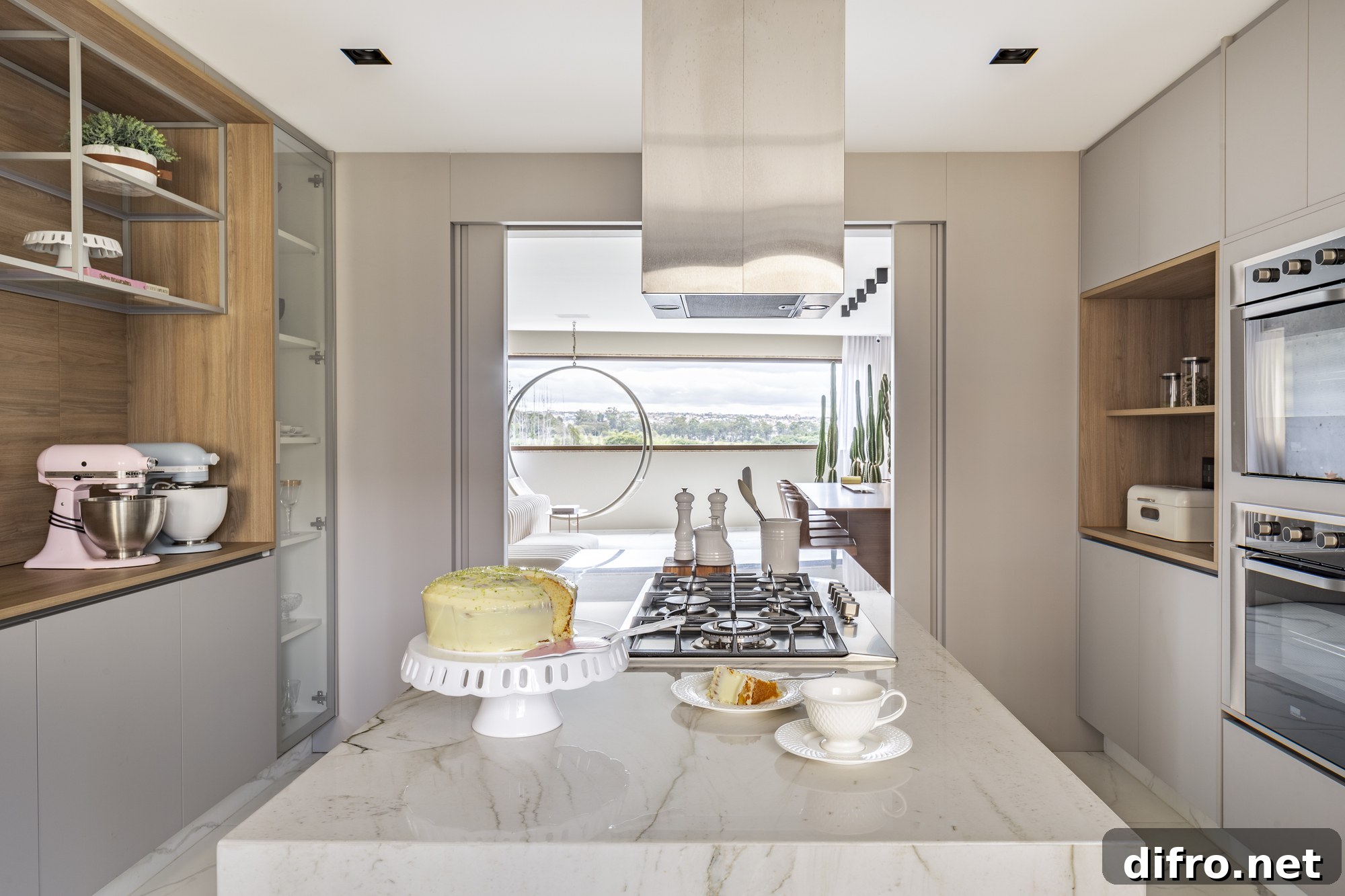 Spacious modern kitchen in white and wood
