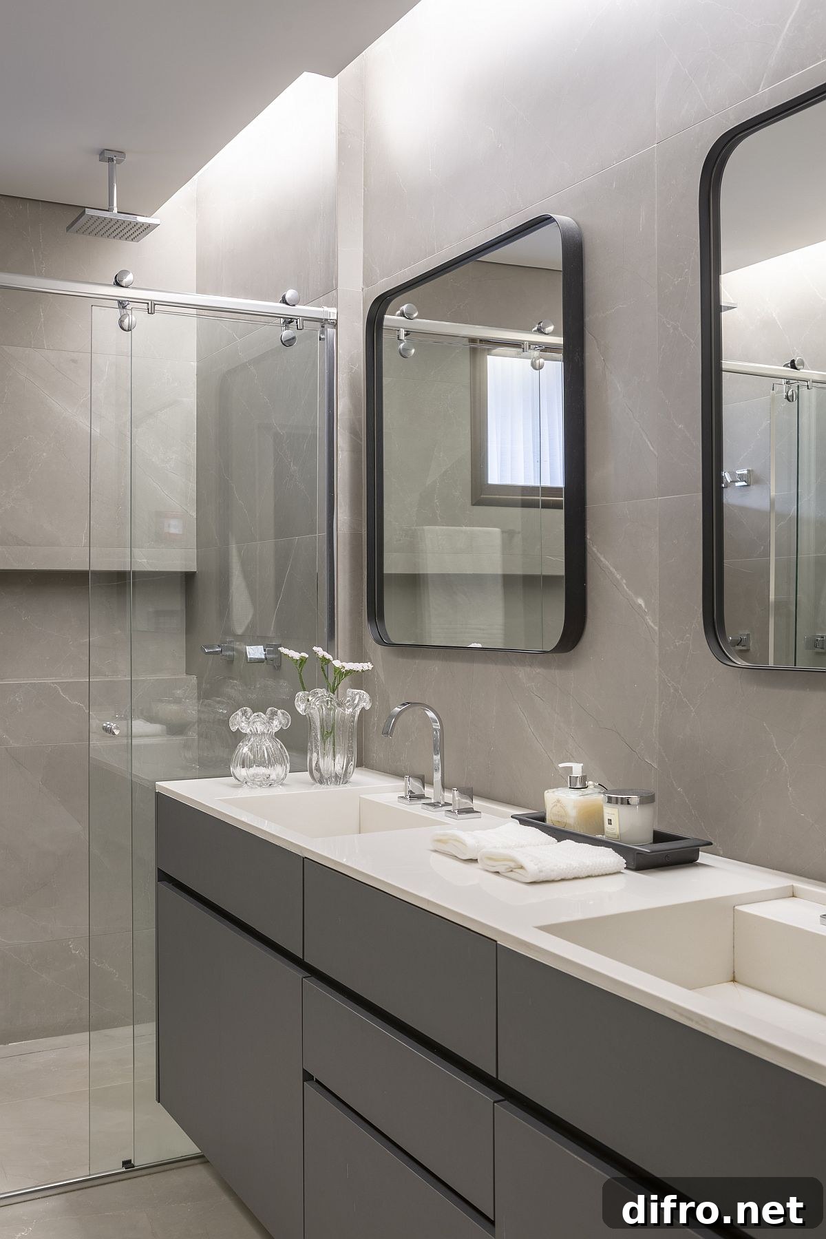 Contemporary gray bathroom with twin mirrors