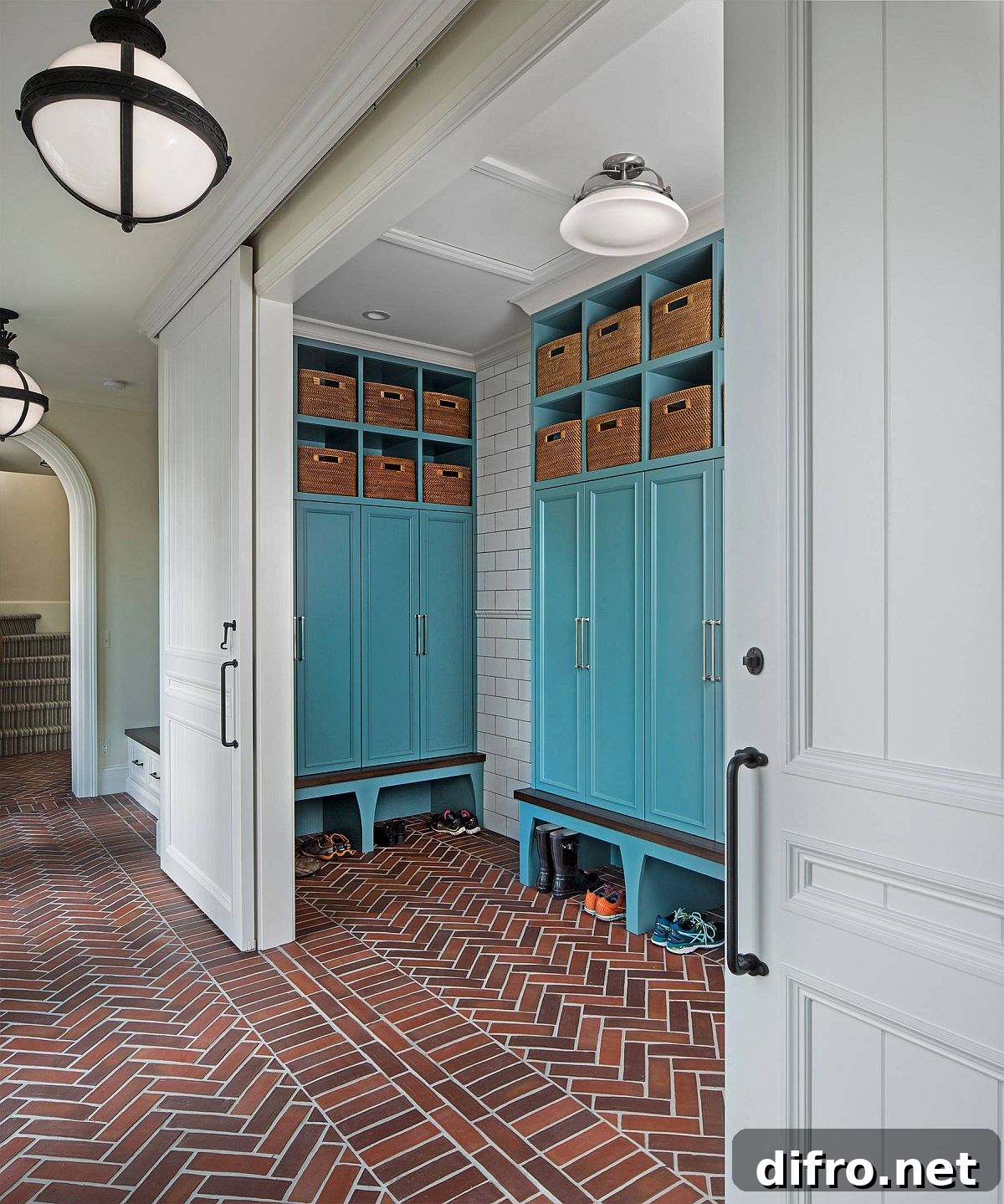 Brick floor herringbone pattern in modern entryway