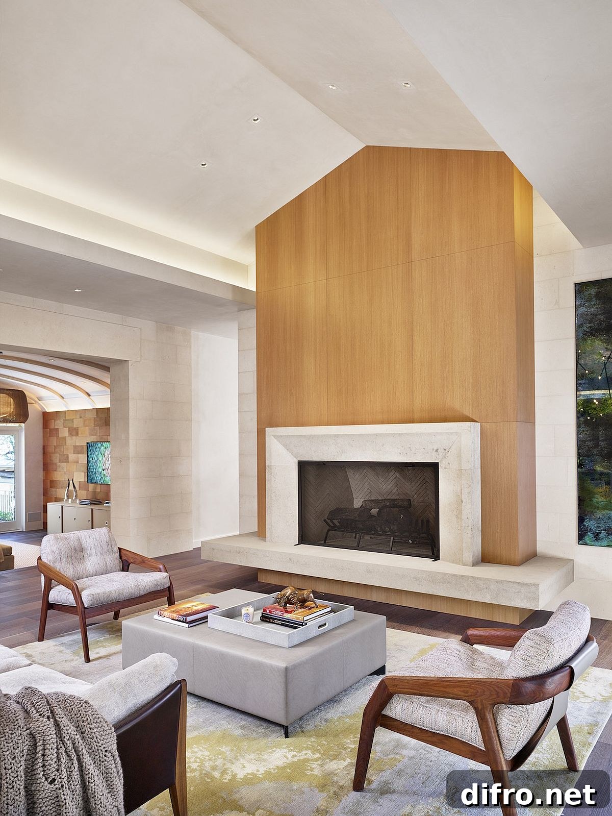 Custom wooden accent wall and fireplace in living room
