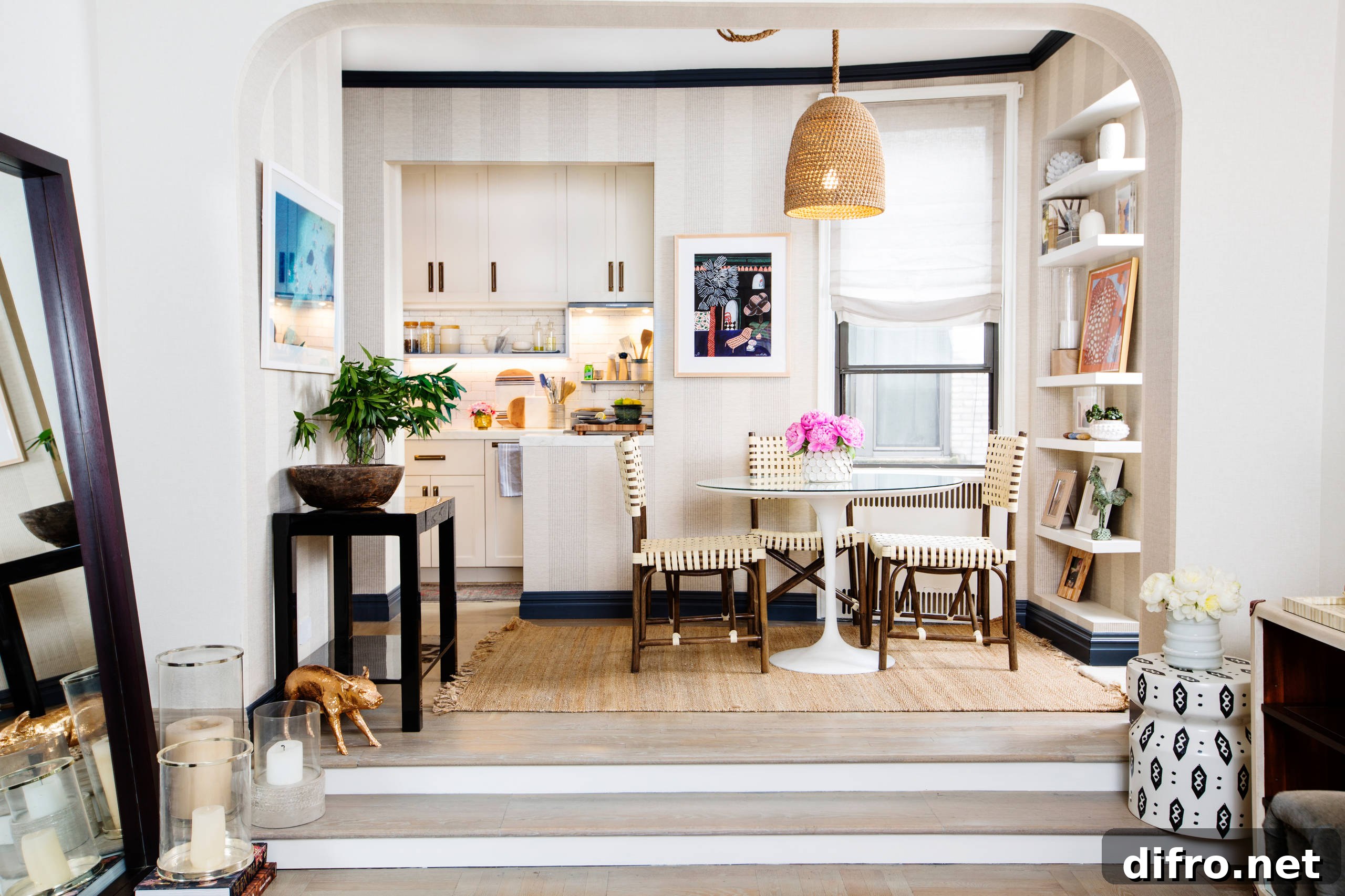 Small kitchen and dining room with white background
