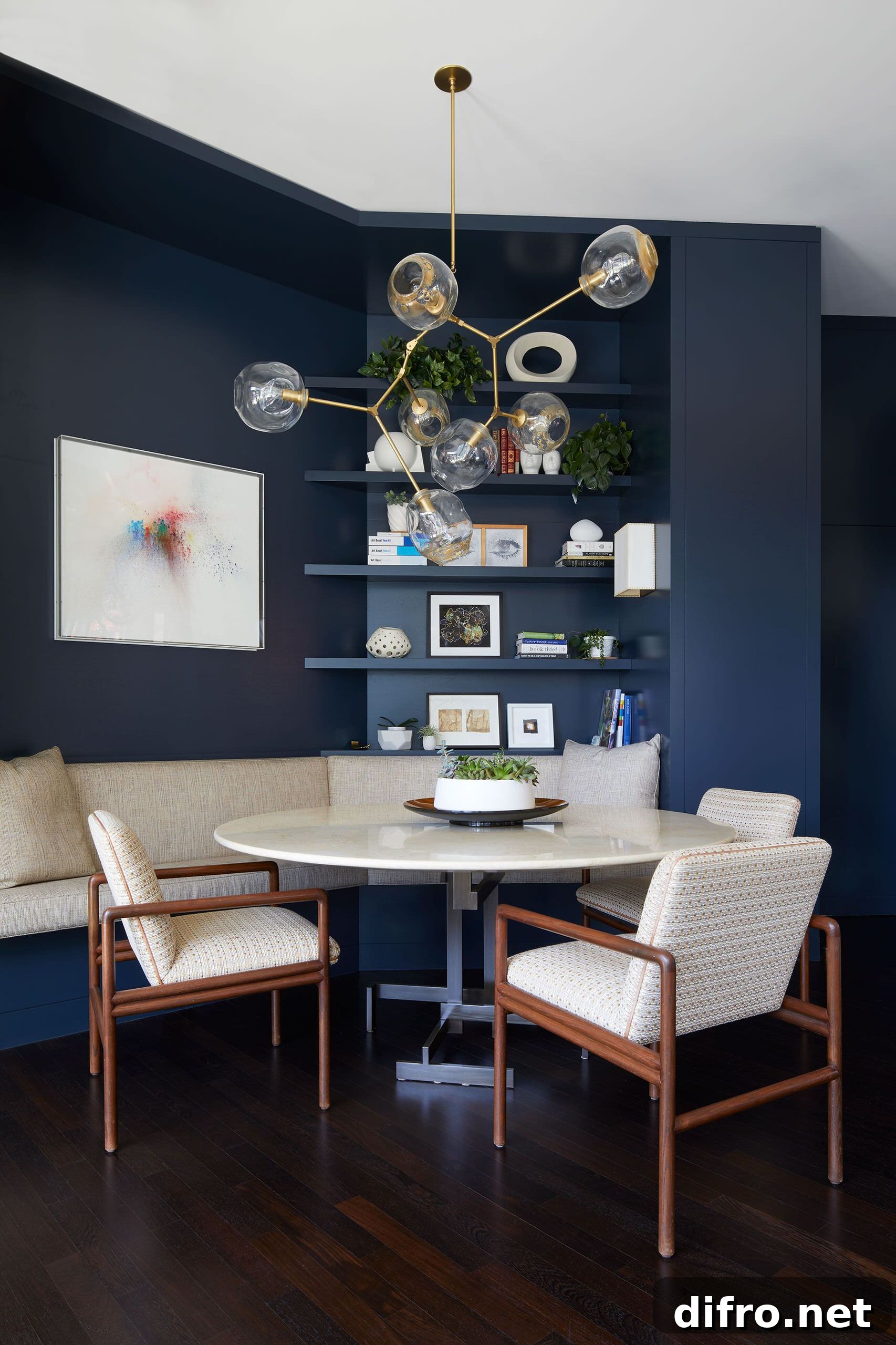 Polished small dining room with gray backdrop