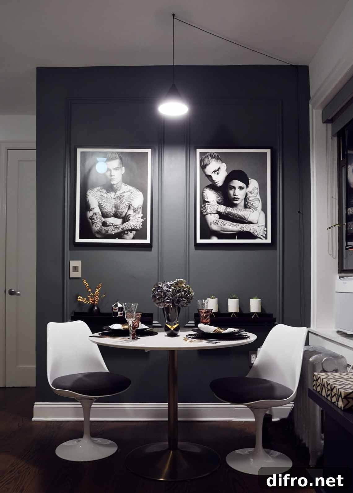 Sophisticated dining room with dark gray walls