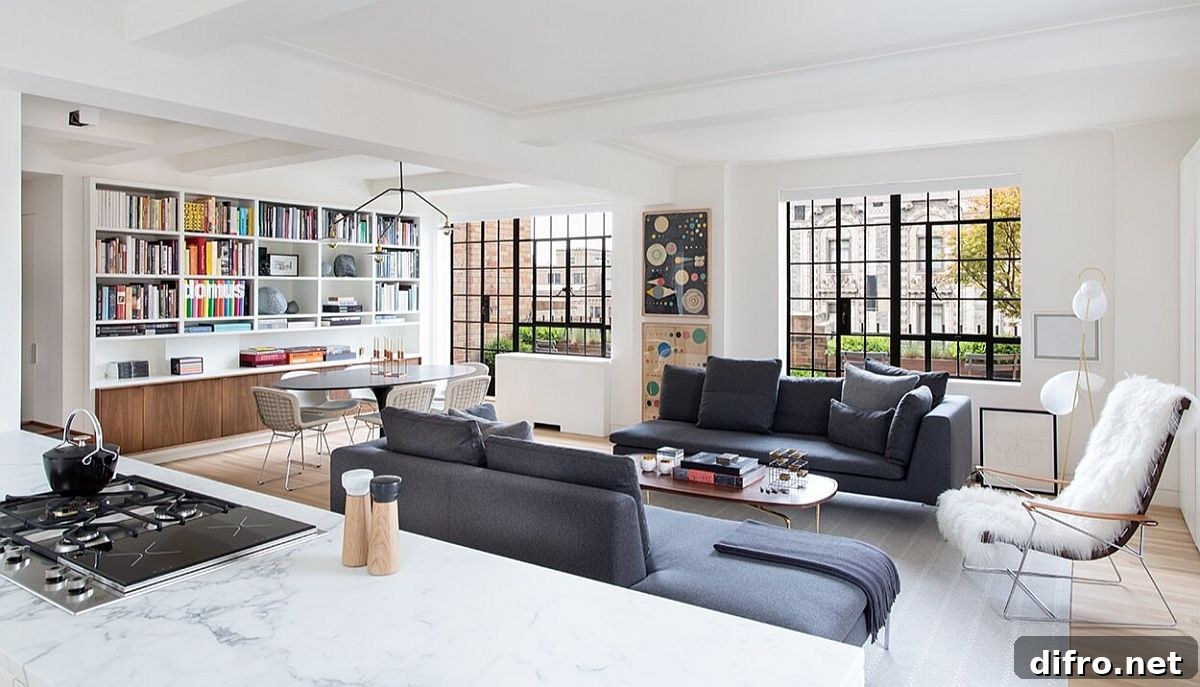 Contemporary decor and bespoke bookshelves in a renovated 1930s NYC apartment